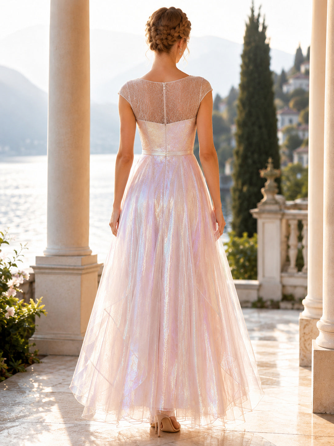 Pearl Pink Scoop Neck Iridescent Organza Formal Guest Dress back view