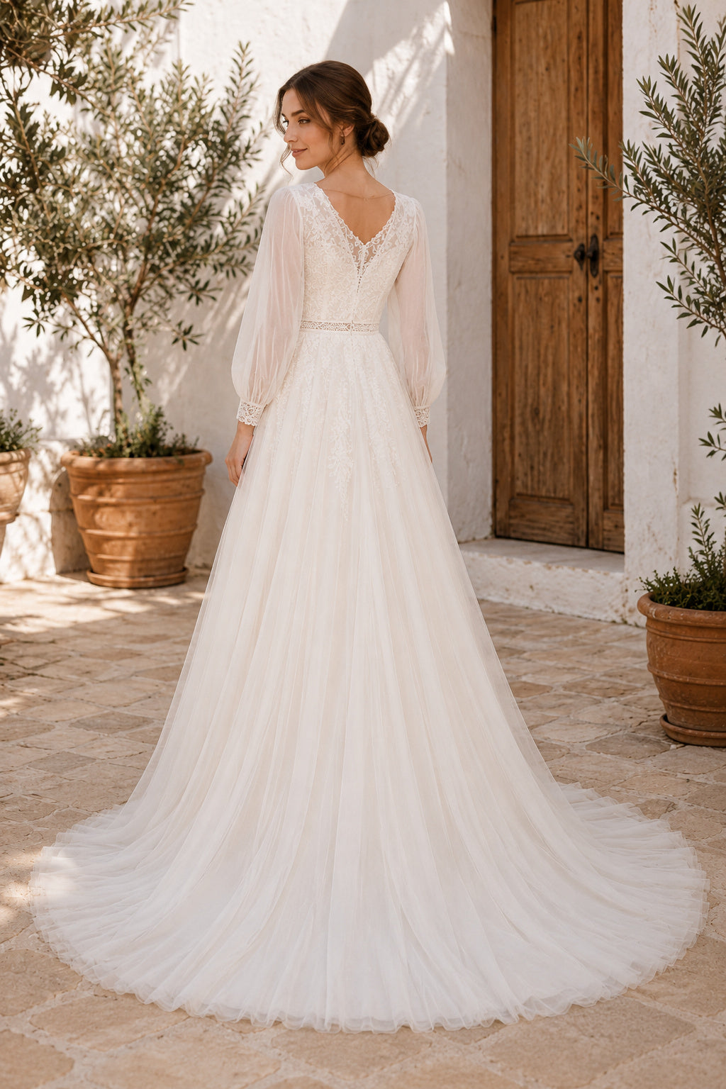 Long Sleeve V-Neck A-Line Wedding Dress with Simple Tulle Skirt and Sweep Train for Beach Garden Ceremony back view