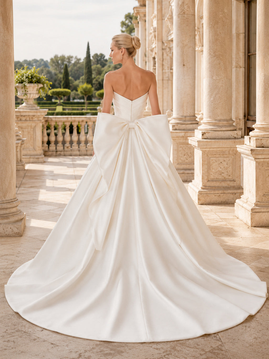 Satin Wedding Dress Ball Gown Strapless Sweetheart Chapel Train Bridal Gown back view
