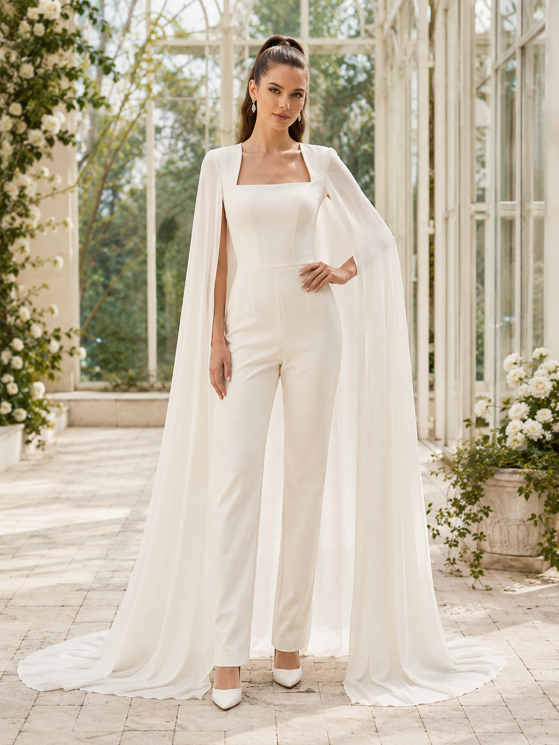 Minimalist Satin Chiffon Wedding Jumpsuit Square Neck Sleeveless Sweep Train front view