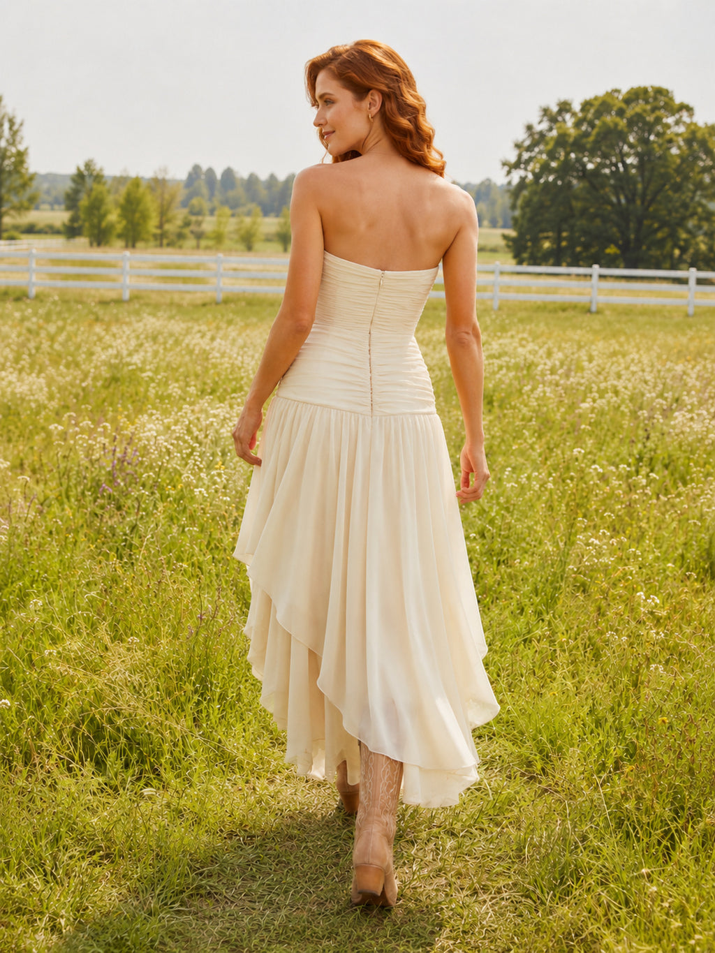 Casual Strapless Sheath Wedding Dress with Ruched Bodice and High-Low Hem Simple Chiffon back view