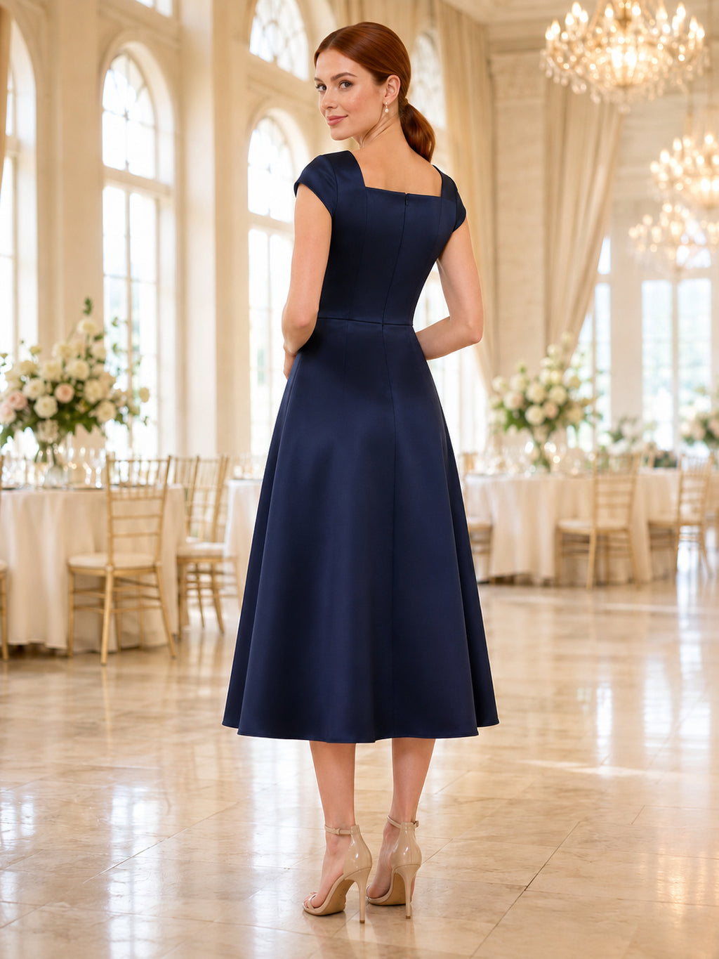Navy square neck cap sleeve satin A-line tea dress back view