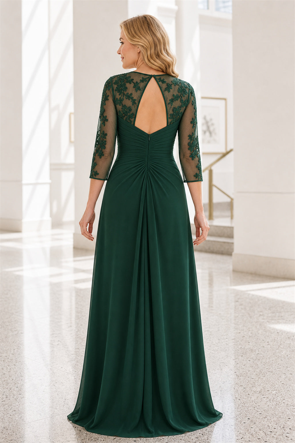 Emerald Bateau Long Sleeve Sheath Chiffon Floor-Length Dress With Lace Bodice