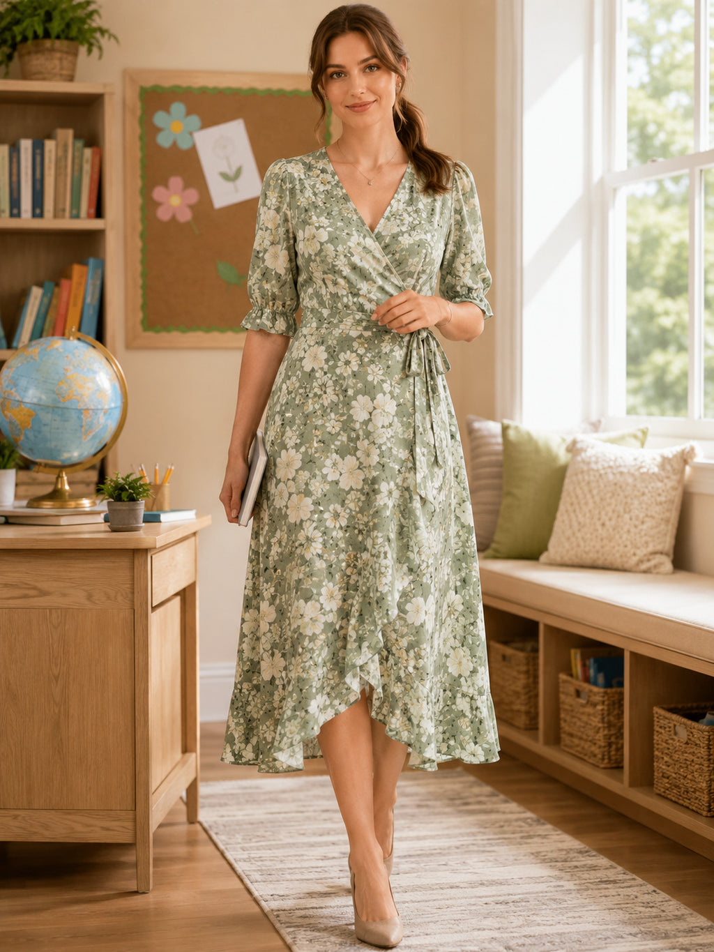 Sage floral three quarter sleeve wrap teacher midi dress front view