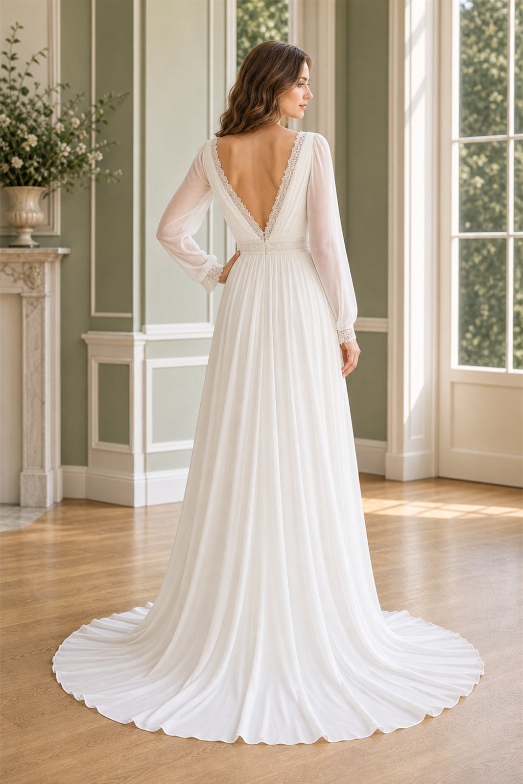 White Halter A-Line Chiffon Floor-length Wedding Dress With Open Back and Lace Bodice and Open Back
