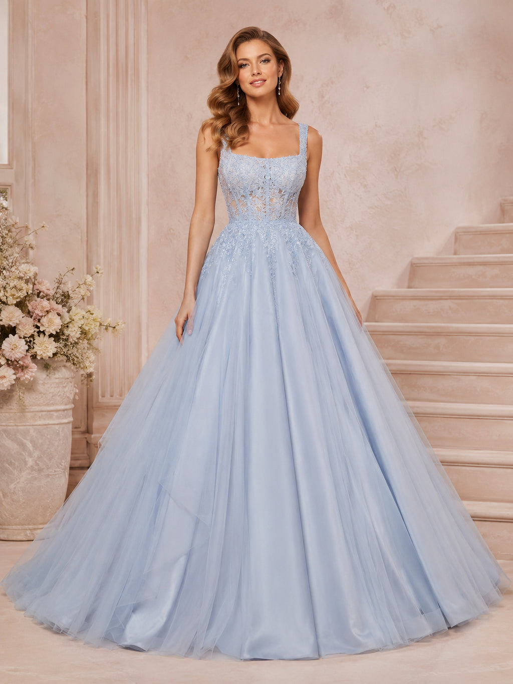 Powder Blue Square Neck Wide Strap Tulle Ball Gown Floor Length Dress front view