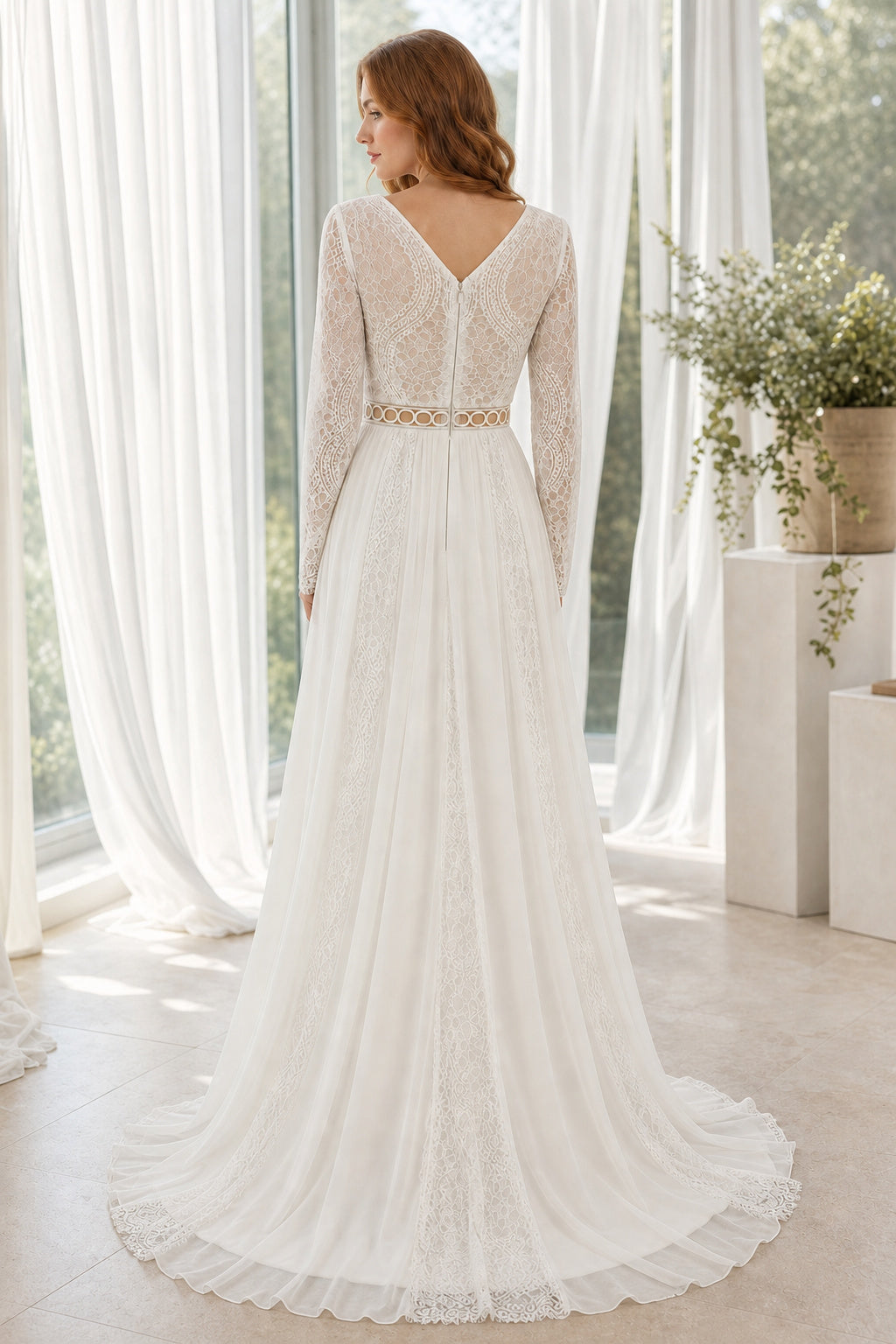 White Halter A-Line Chiffon Floor-length Wedding Dress With Beaded Bodice and Pleated Skirt and Open Back Lace Hem Detail