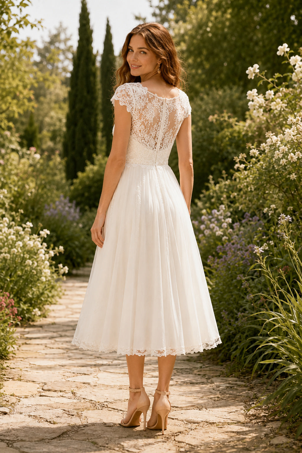Ivory Cap Sleeve V-Neck Lace Tulle Tea Length Wedding Dress for Wedding Reception and Party Style MG_701004 back view