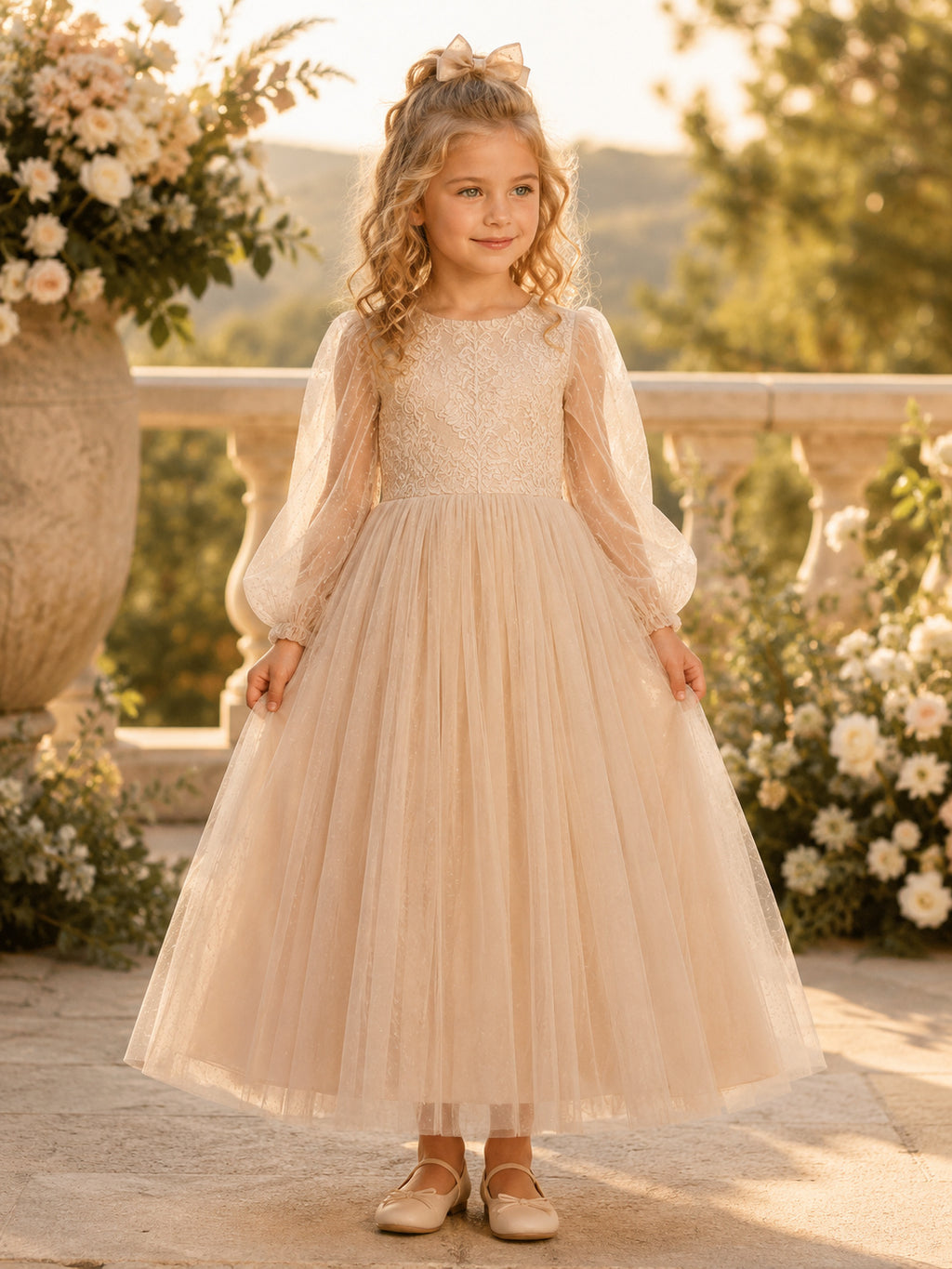 Flower Girl Dress Champagne Tulle A-Line Jewel Neck Tea Length Full Skirt front view