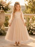 Flower Girl Dress Champagne Tulle A-Line Jewel Neck Tea Length Full Skirt front view