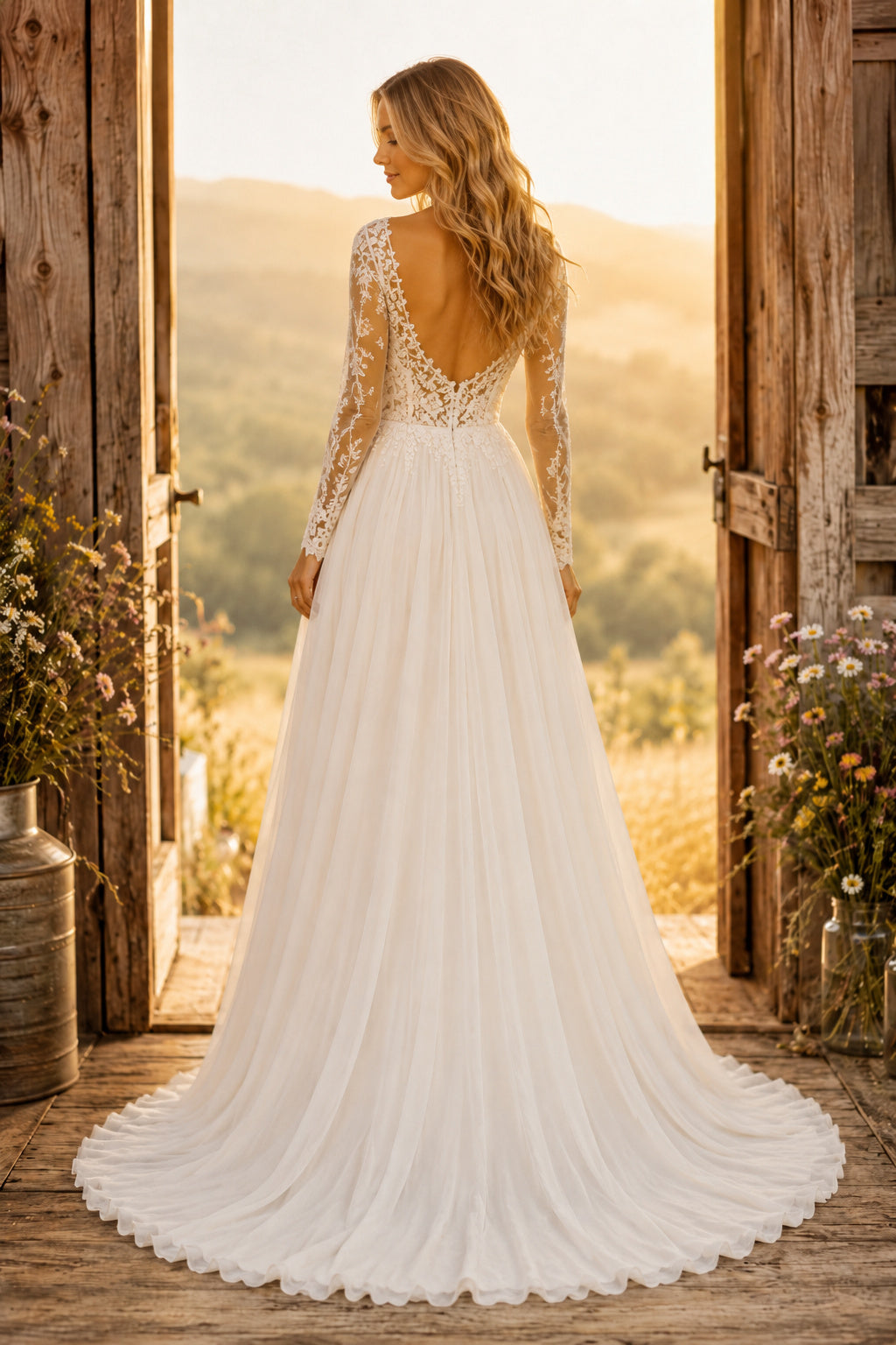 Ivory V-Neck Long Sleeve Chiffon A-Line Wedding Dress with Lace Bodice and Front Split back view