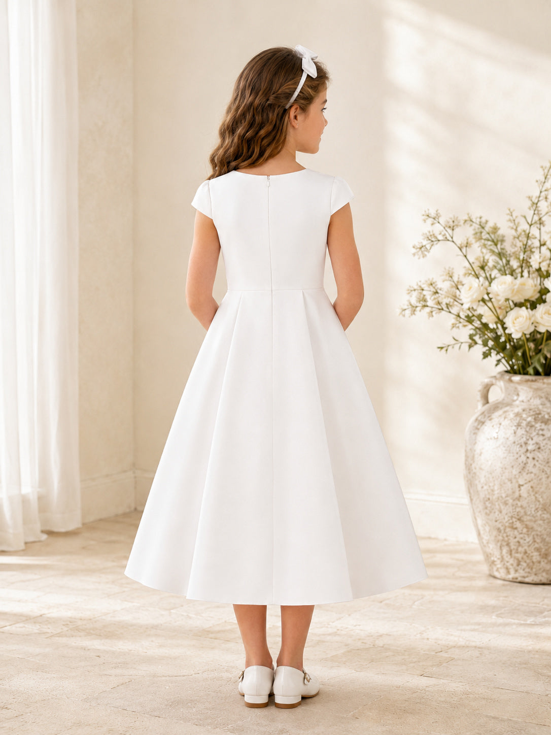 Simple Classic Cap Sleeve Satin Communion Flowergirl Tea Length Church Dress back view