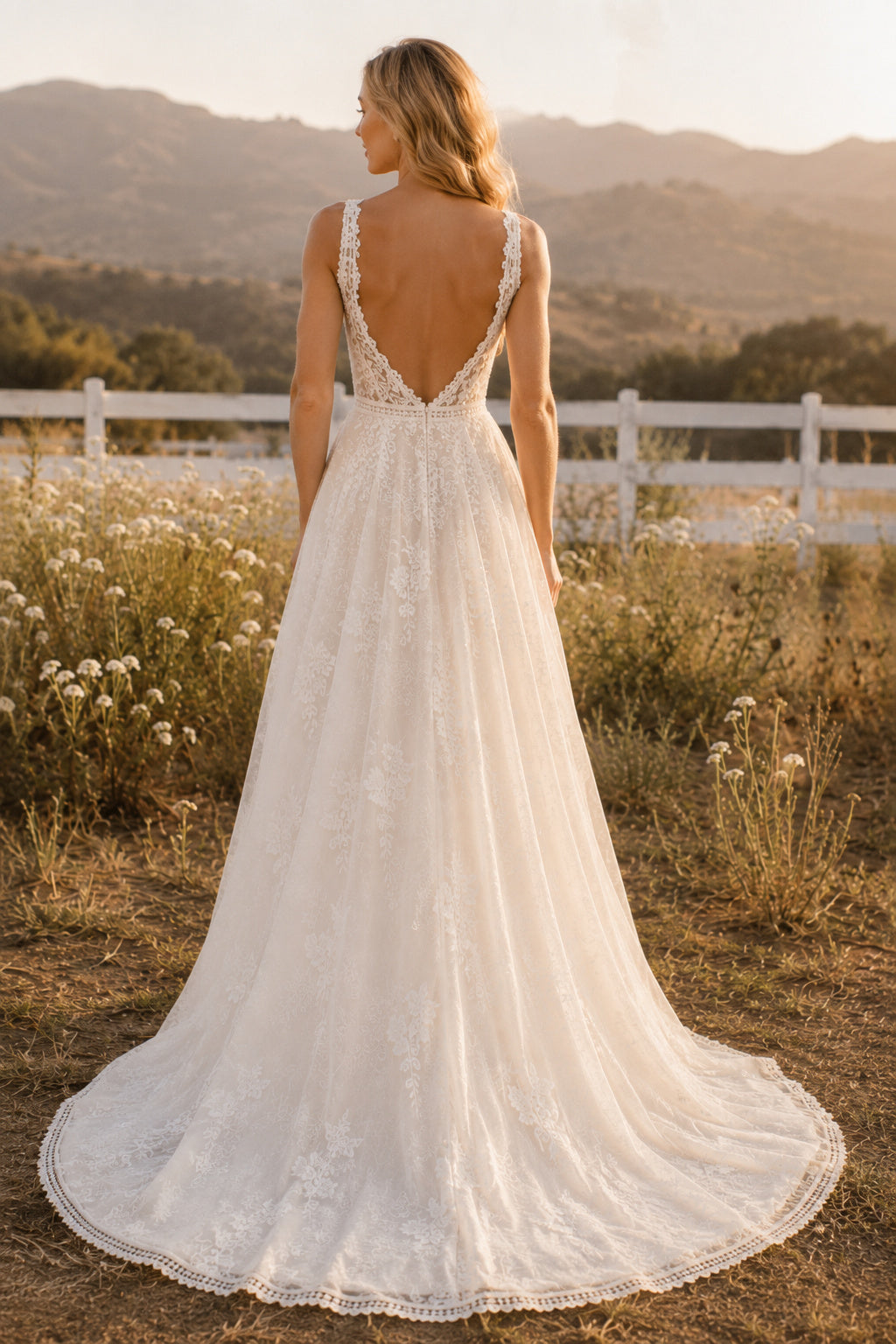 Boho V-Neck Strap A-Line Wedding Dress with Lace Appliques and Sweep Train for Rustic Garden Ceremony back view