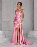 Pink Strapless Floor-Length Satin Sheath Dress