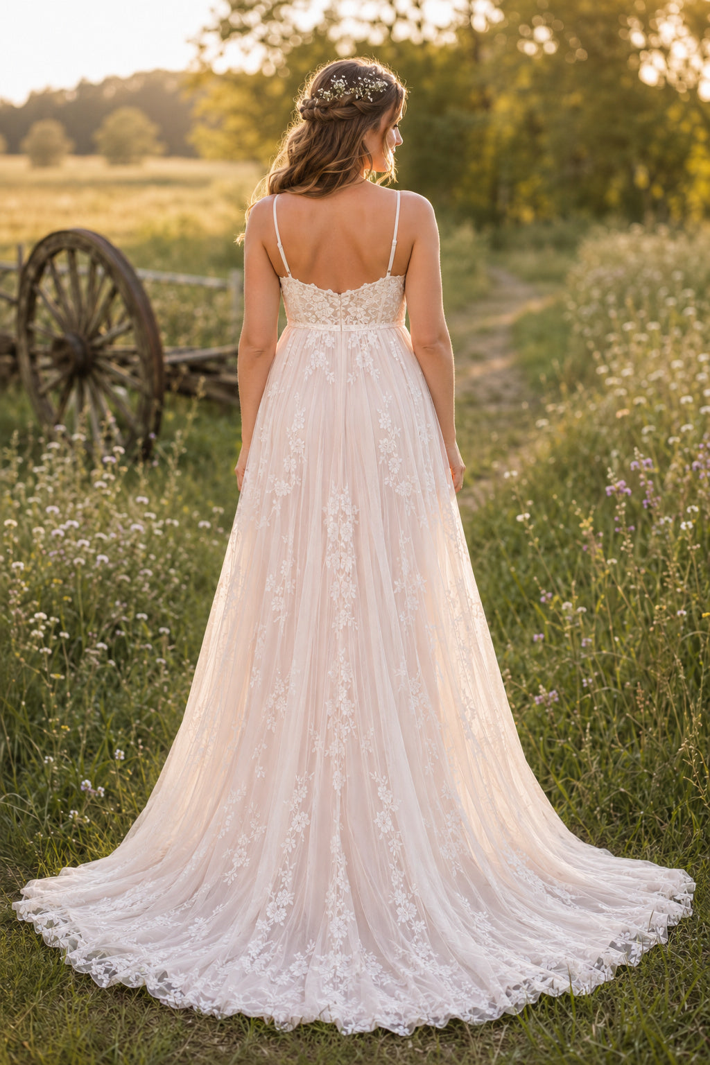 Ivory Maternity Sweetheart Spaghetti Strap Lace A-Line Wedding Dress with Soft Train back view