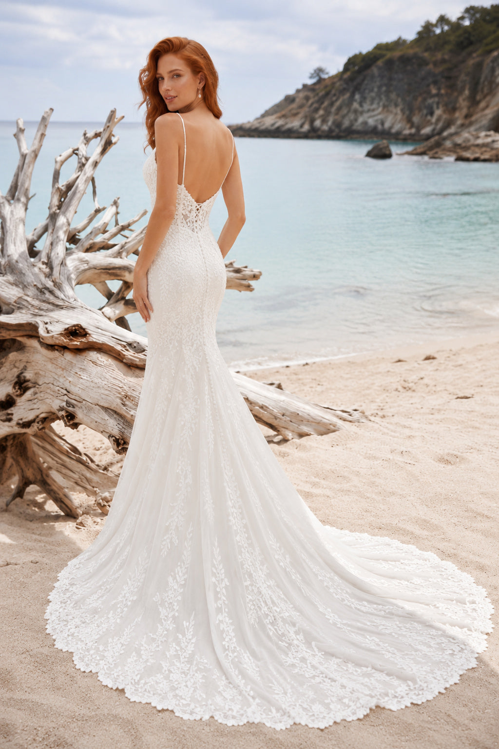 Ivory Spaghetti V-Neck Lace Mermaid Wedding Dress Split Front Train for Bridal Ceremony and Reception back view