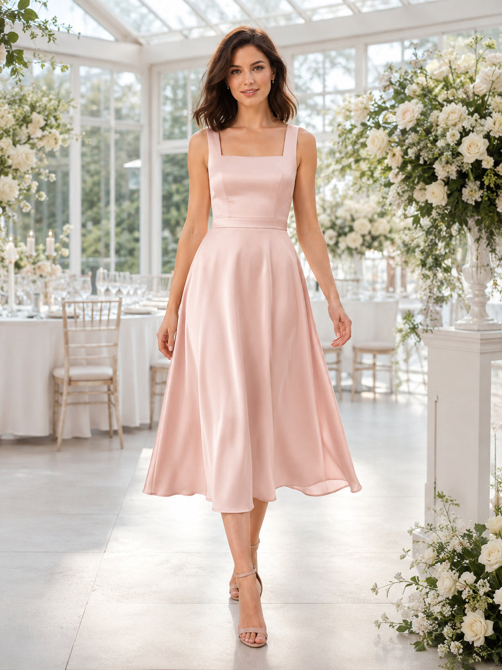 Blush Satin Square Neck Strap A Line Midi Dress front view