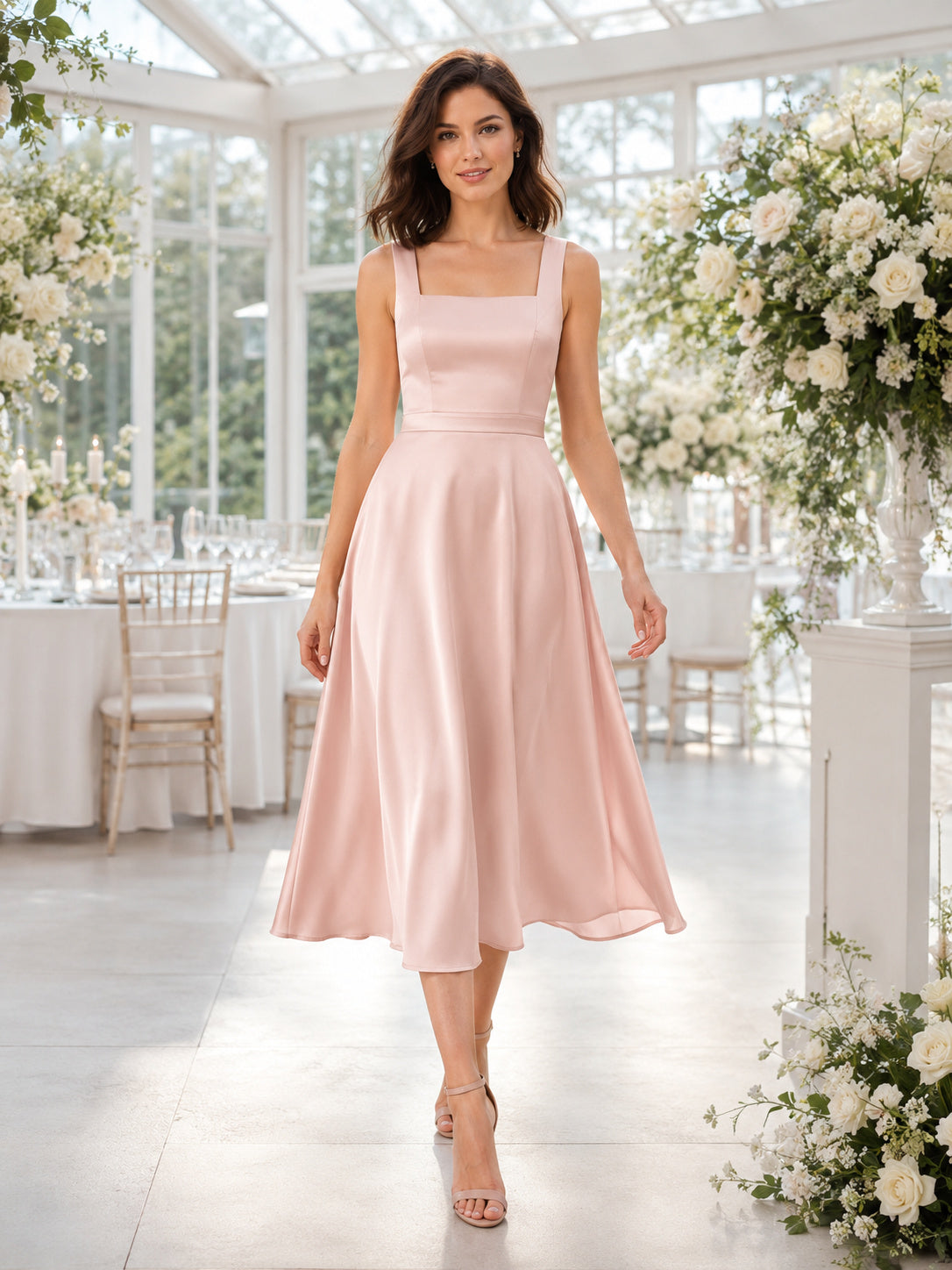 Blush Satin Square Neck Strap A Line Midi Dress front view