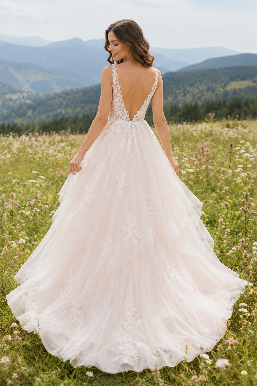 Blush V-Neck Strap A-Line Wedding Dress with Tulle Skirt and Floral Appliques for Rustic Garden Ceremony back view