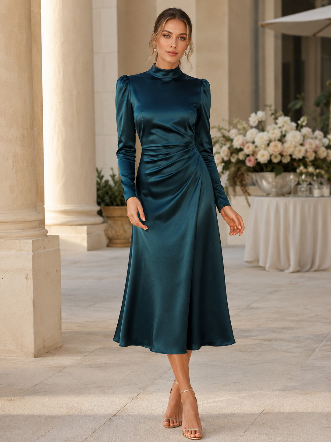 Peacock High Neck Long Sleeve Ruched Satin A Line Midi Guest Dress front view