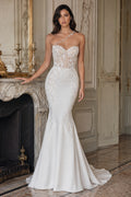 White Strapless Satin Mermaid Wedding Dress with Lace Bodice front view