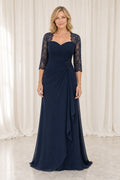Navy Sweetheart Three-Quarter Sleeve Sheath Chiffon Floor-Length Dress With Lace Jacket