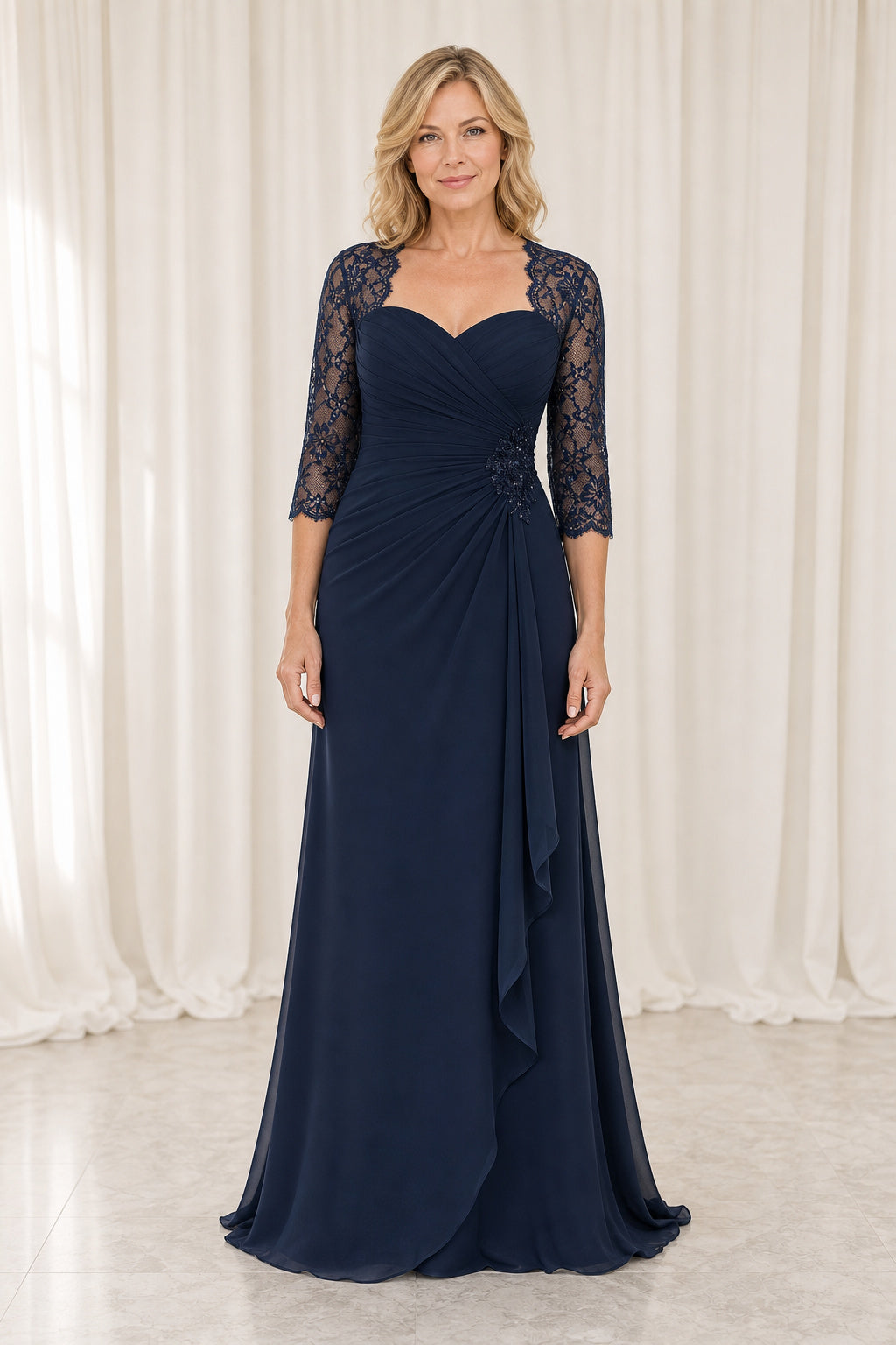 Navy Sweetheart Three-Quarter Sleeve Sheath Chiffon Floor-Length Dress With Lace Jacket