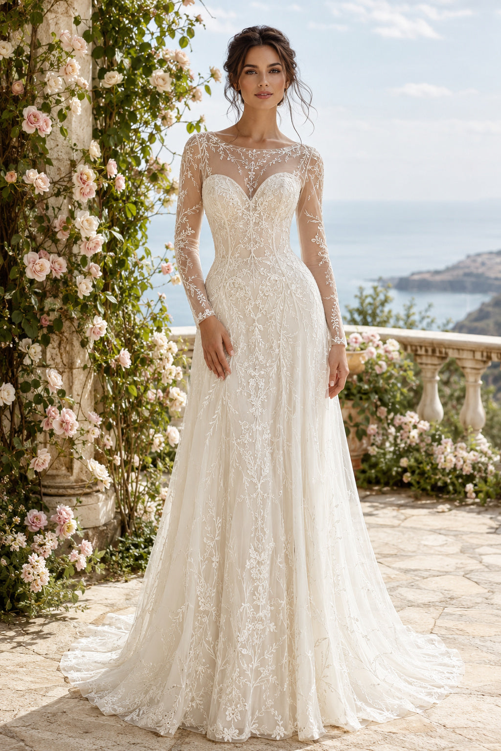 Ivory Long Sleeve Illusion Lace A-Line Wedding Dress with Button Back and Chapel Train front view