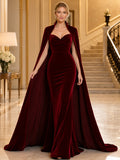 Burgundy Sweetheart Velvet Cape Mermaid Formal Floor Guest Dress front view