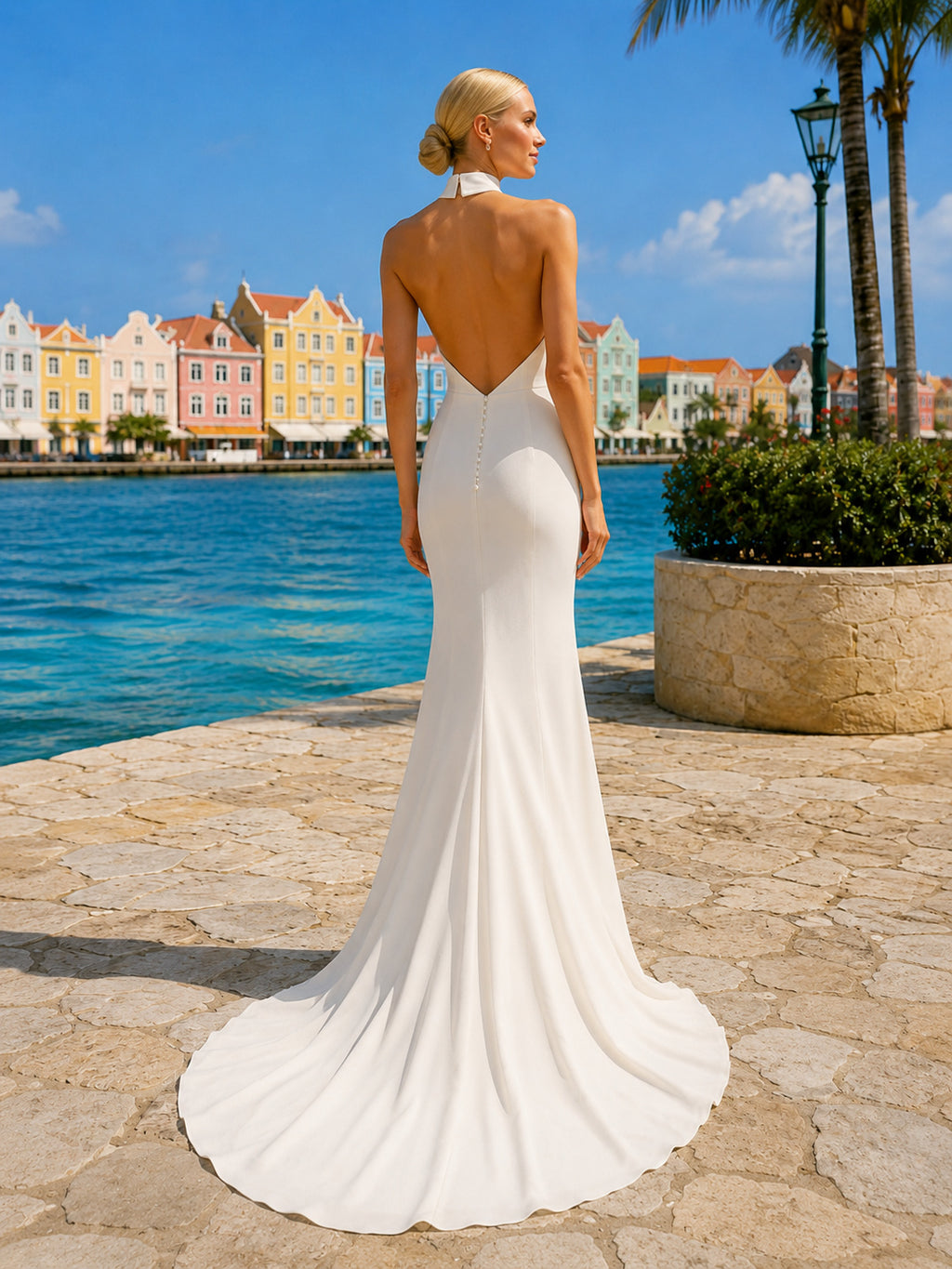 High Neck Halter Satin Sheath Low Back Sweep Train Destination Wedding Dress back view
