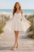 Ivory Off-the-Shoulder Lace Mini Wedding Dress with Flowing Bell Sleeves for Beach Reception front view