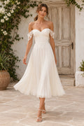 Ivory Off Shoulder Tulle Tea Length Wedding Dress for Wedding Reception and Party front view