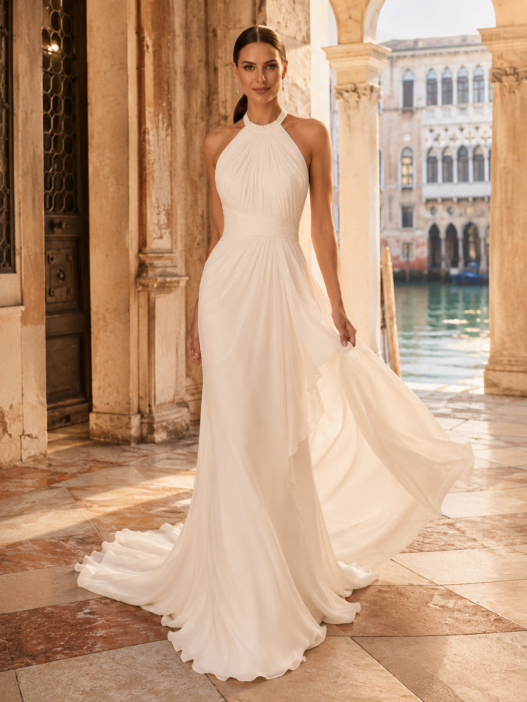 Simple High Neck Halter Chiffon A-Line Beach Destination Wedding Dress front view