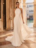 Simple High Neck Halter Chiffon A-Line Beach Destination Wedding Dress front view
