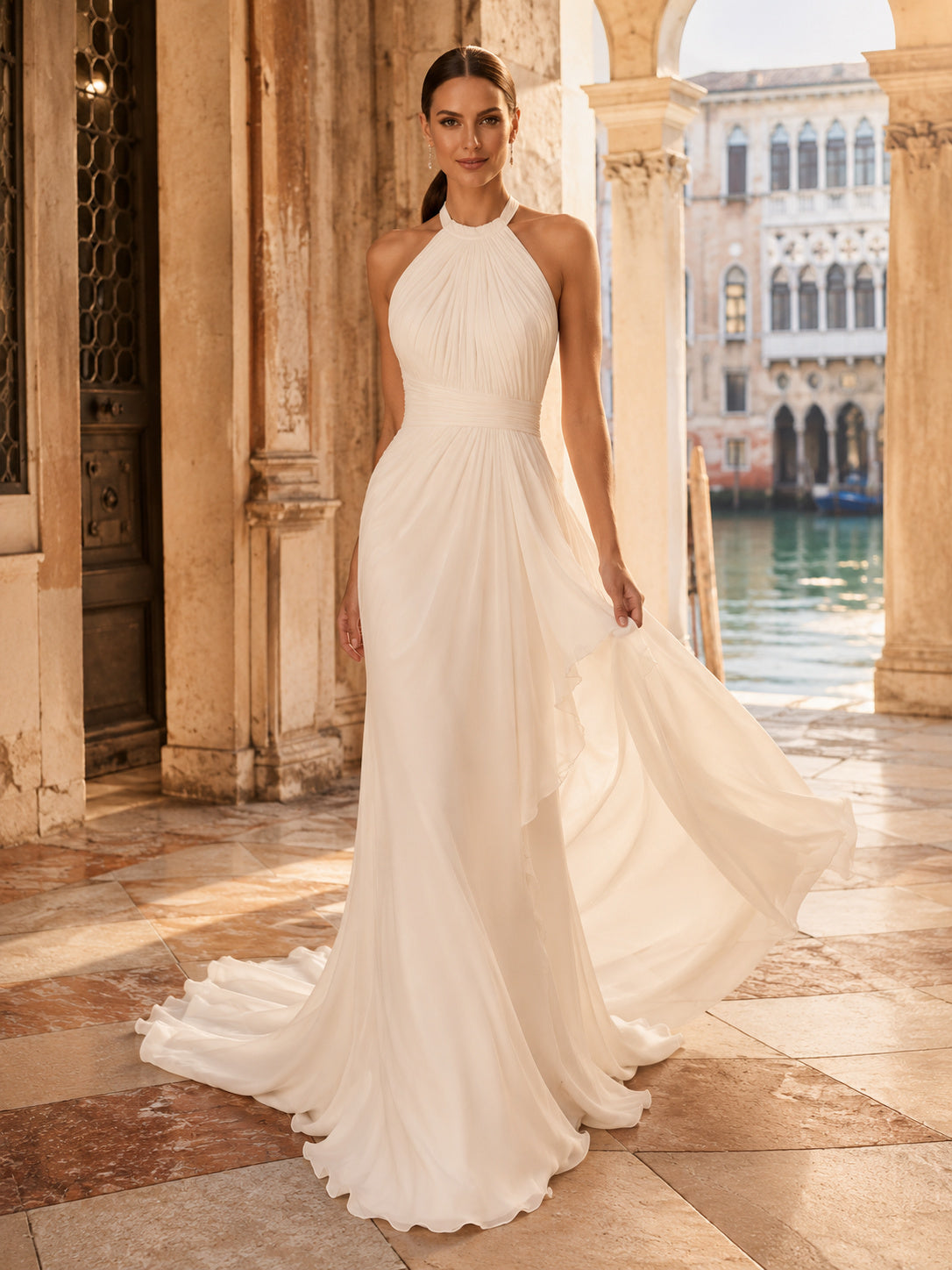 Simple High Neck Halter Chiffon A-Line Beach Destination Wedding Dress front view