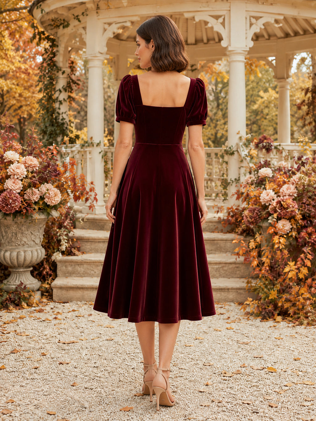 Burgundy Velvet Square Neck Puff Sleeve Midi Dress back view