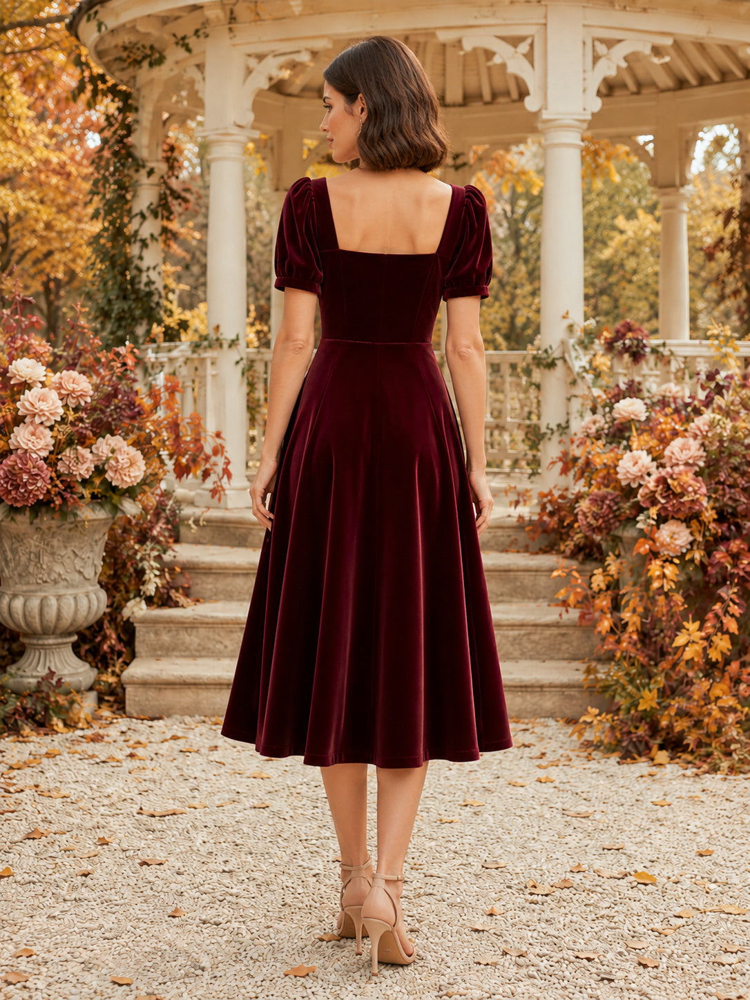 Burgundy Velvet Square Neck Puff Sleeve Midi Dress back view