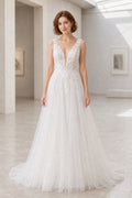 Ivory Off-the-shoulder Mermaid Crepe, Lace Floor-length Wedding Dress With Lace and Front Slit and Open Back Back Bow