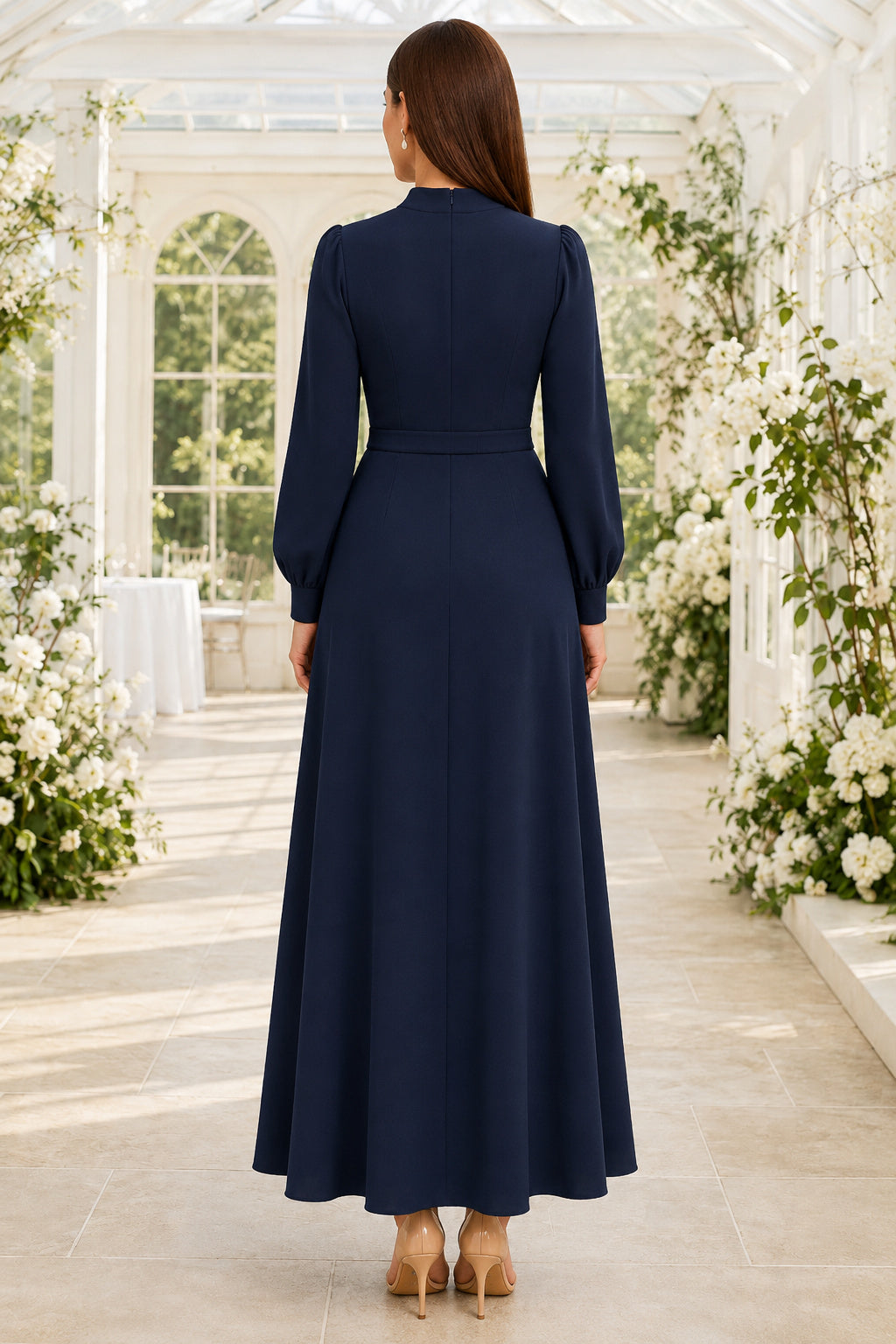 Sky Blue Modest Wedding Guest Sheath Dress back view