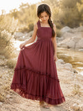 Burgundy Chiffon A-Line Flower Girl Dress with Sleeveless, Square Neck, Floor-Length Skirt, Ruffle Detail front view