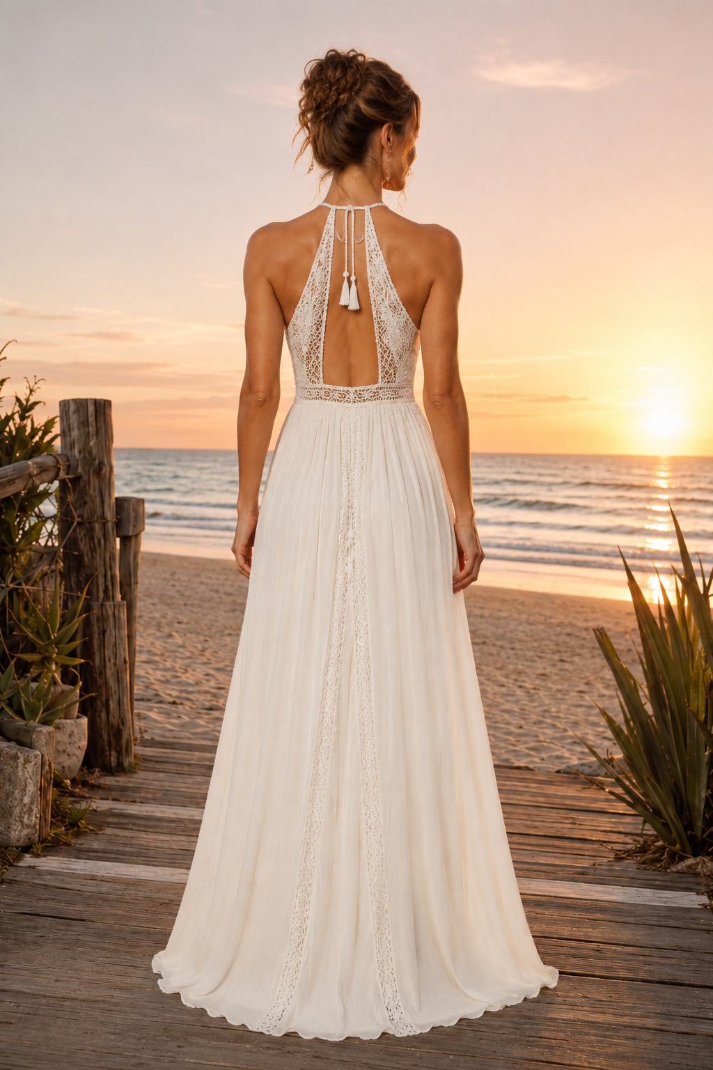 Ivory High Neck Halter Chiffon A-Line Wedding Dress with Front Split and Open Back back view