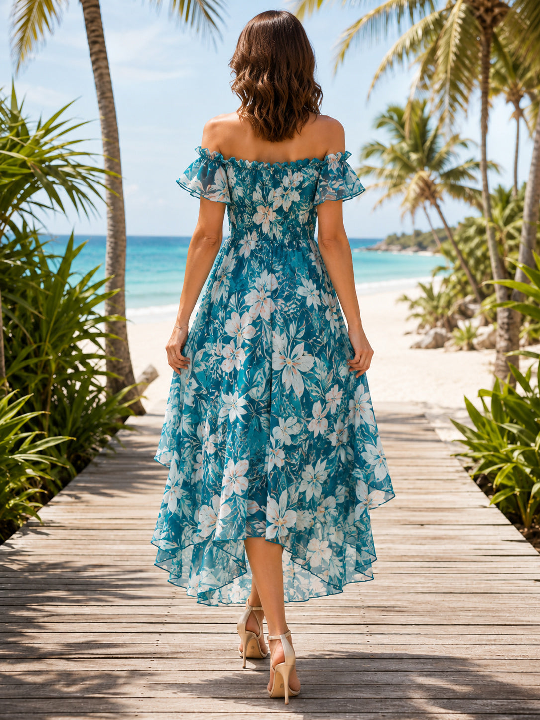 Turquoise Tropical Beach Wedding Guest Dress A-Line Chiffon Off Shoulder Short Sleeve Tea-Length Floral Ruffle back view