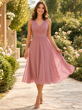 Dusty Rose V-neck Fit Flare Tulle Midi Dress front view