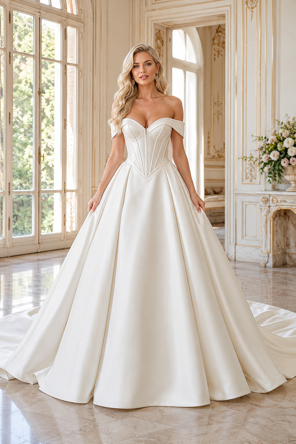 Off Shoulder Satin Ball Gown Wedding Dress with Corset Bodice front view