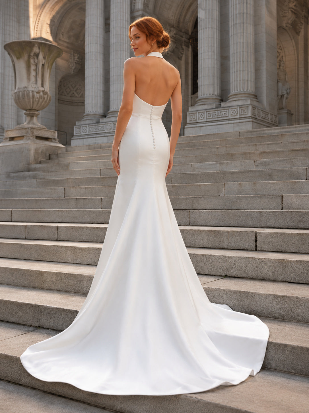 Modern High Neck Halter Crepe Mermaid City Destination Wedding Gown back view
