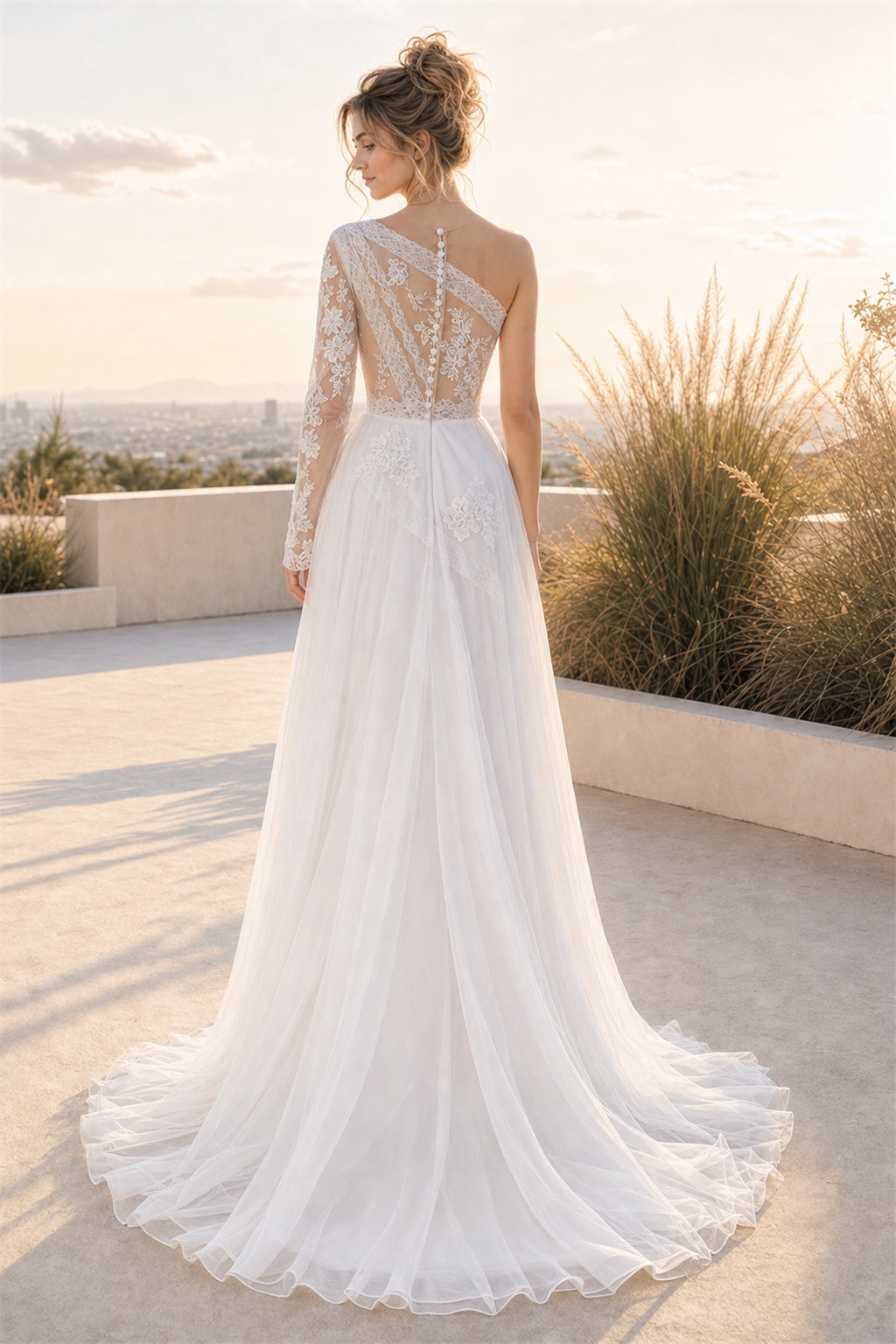White One-shoulder Long Sleeves A-Line Chiffon Floor-length Wedding Dress With Pleats and Train