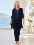 Dark Navy Luxury Vertical-Beaded Chiffon Tunic Ankle-Length Formal Grandmother of the Bride Pantsuit front view