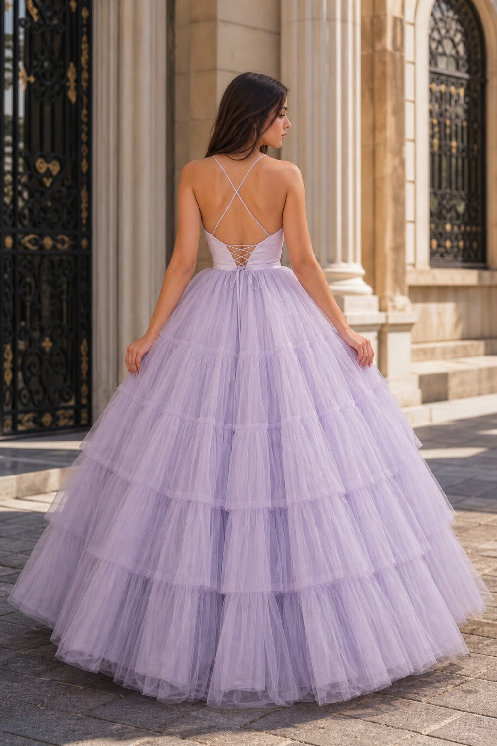 Lavender Strapless Tiered Tulle Ball Gown