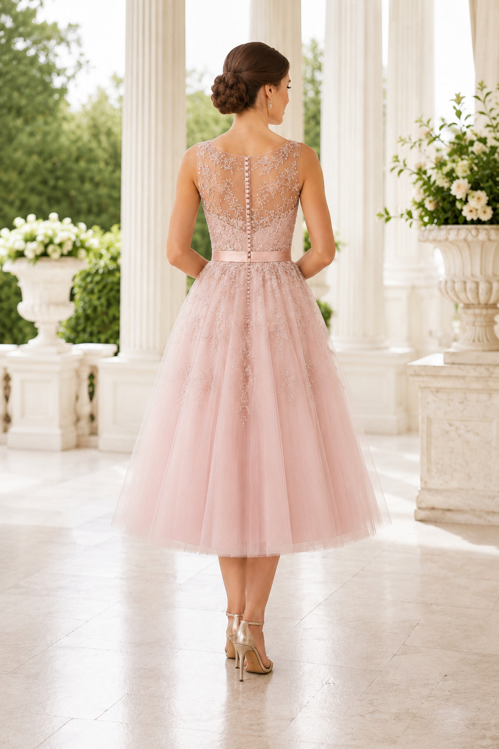 Blushing Pink Illusion Lace Jewel Neck Dress with Tea Length Tulle Skirt Tea Length A-Line Homecoming Dress back view