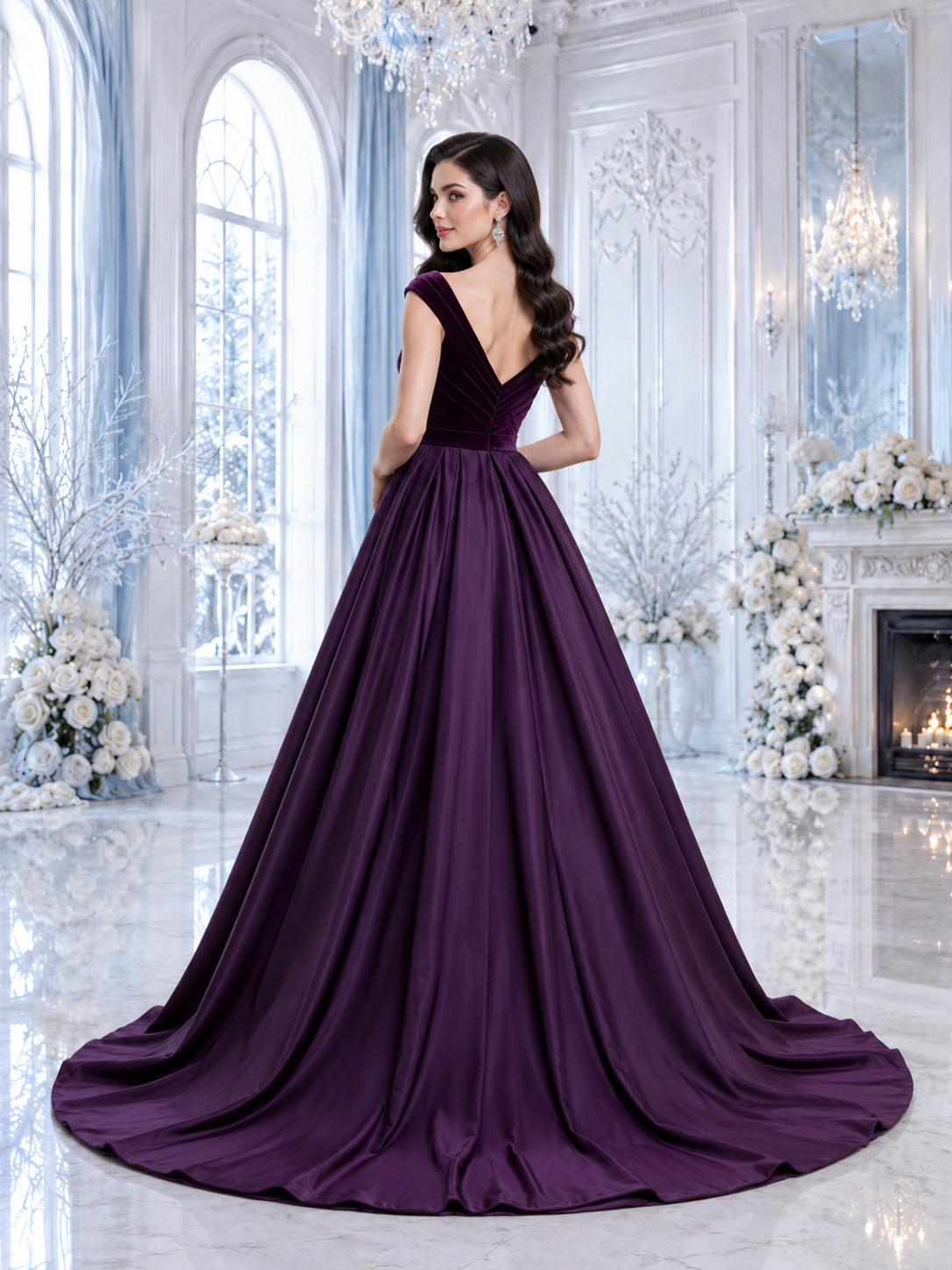 Deep Purple V-Neck Cap Sleeve Satin A-Line Wedding Dress back view